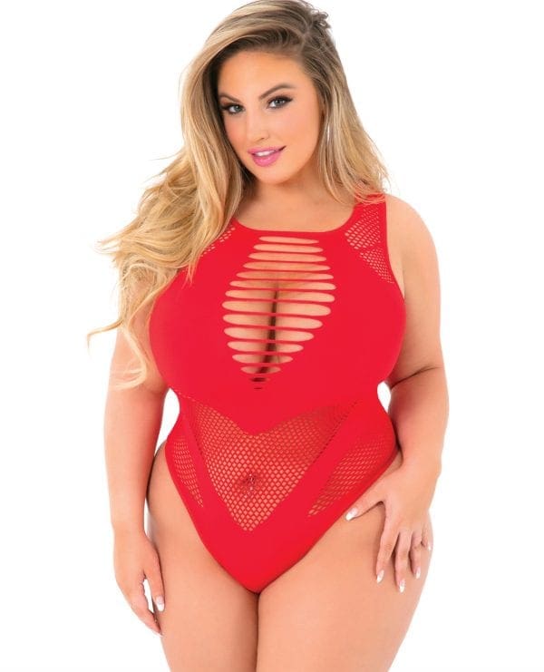 Pink Lipstick Low Blow Cut Out Bodysuit Red QN