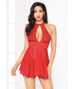 Lace Mesh Babydoll w/Strappy Waist & Panty w/Criss Cross Waistband Red SM