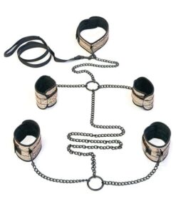 Spartacus Faux Leather Collar to Wrist & Ankle Restraints Bondage Kit w/Leash - Gold