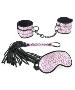 Spartacus Faux Leather Wrist Restraints Blindfold & Flogger Bondage Kit - Pink