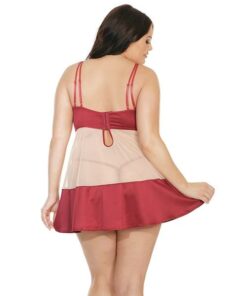 Sheer Nylon & Stretch Satin Babydoll w/Underwire Cups & G-String Merlot/Nude 3X/4X