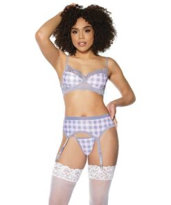 Crystal Pink Buffalo Check Print Bra Garter Belt & String Grey/Pink LG