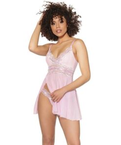 Crystal Pink Babydoll w/Lightly Padded Cups & Thong Pink/Silver MD