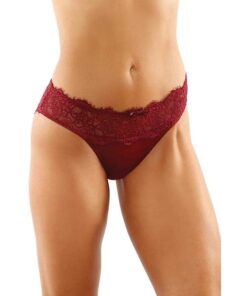 Bottoms Up Ivy Eyelash Lace Panty w/Criss Cross Back & Bow Trims Garnet S/M