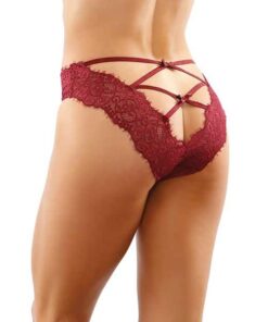 Bottoms Up Ivy Eyelash Lace Panty w/Criss Cross Back & Bow Trims Garnet S/M