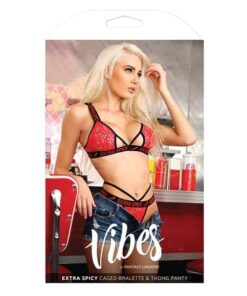 Vibes Extra Spicy Caged Bralette & Thong Chili Red M/L