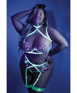 Glow Black Light Embroidered Harness Bra Leg Garterbelt & G-String Neon Chartreuse QN