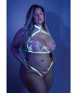 Glow Black Light Embroidered Harness Bra, Leg Garterbelt & G-String Neon Chartreuse QN