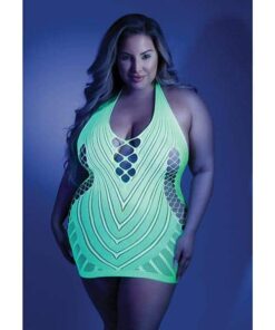 Glow Black Light Net Halter Dress Neon Green QN