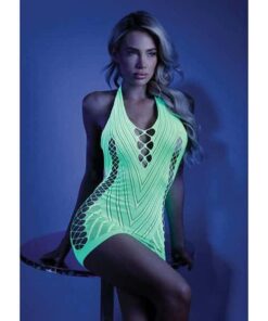 Glow Black Light Net Halter Dress Neon Green O/S