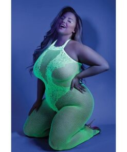 Glow Black Light Crotchless Bodystocking Neon Green QN