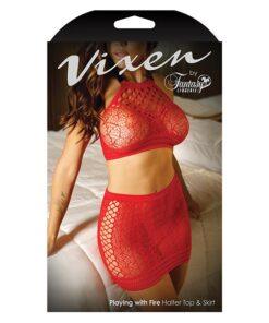 Vixen High Neck Halter Net Top & Tie Back Skirt Red L/XL