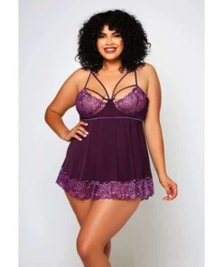 Cross Dye Lace & Microfiber Babydoll & G-String Purple 2X