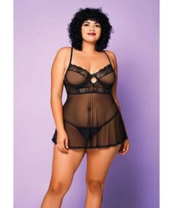 Soft Mesh Babydoll & G-String Black 1X