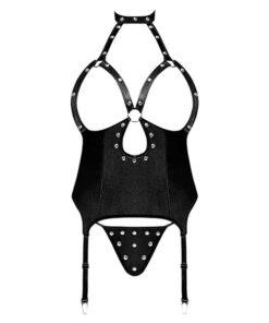 Lust Mistress Cupless Corset w/Velcro Choker Collar, Metal Garters & G-String Black L/XL