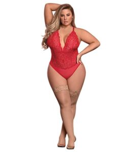 Risqué Business Lace & Mesh Teddy w/Snap Crotch Red QN