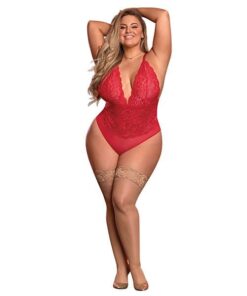 Risqué Business Lace & Mesh Teddy w/Snap Crotch Red QN