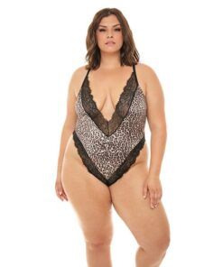 Jolene Satin Teddy w/Plunging Neckline Leopard/Black 1X/2X