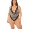 Jolene Satin Teddy w/Plunging Neckline Leopard/Black 3X/4X