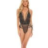 Sloane Soft Cup Deep Plunge Teddy w/Side Lace Up Ribbon Detail Black S/M