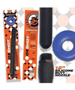 Oxballs Oxshot 12" Silicone Butt Nozzle w/Flex Cockring - Black/Blue