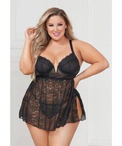 Stretch Lace Babydoll w/Underwire Cups & G-String Black 1X/2X