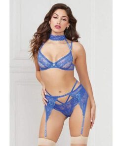 Demi Bra w/Removable Collar Garter Belt & Thong Blue LG