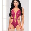 Floral Lace Open Crotch Teddy w/Removable Garters Wine O/S