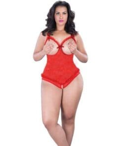 Lace Open Cup & Crotchless Teddy Red QN