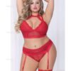 Lace & Netting Long Line Bra Garter Belt & Open Crotch Thong Red 1X/2X