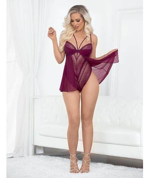 European Lace Teddy Babydoll Wine LG