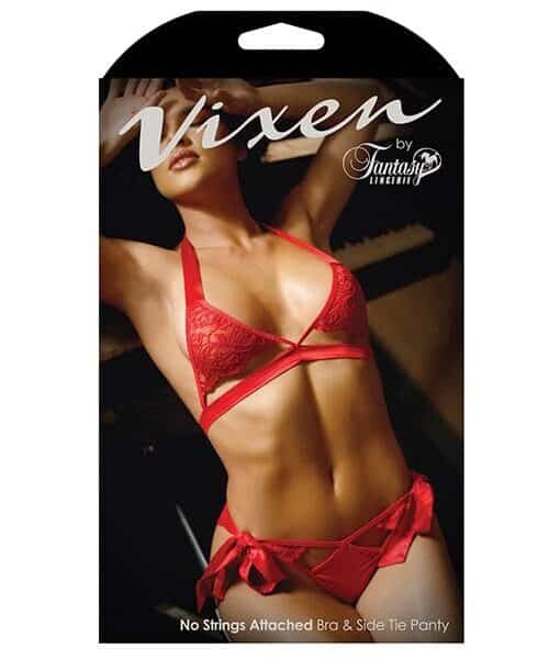 Vixen Cutout Lace Bra & Side Tie Panty Red L/XL