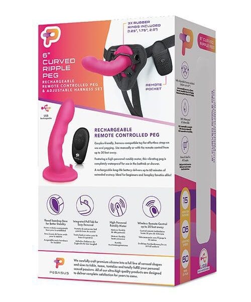 Pegasus 6" Rechargeable Ripple Peg w/Adjustable Harness & Remote - Pink