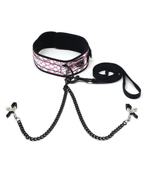 Spartacus Faux Leather Collar & Leash w/Black Nipple Clamps - Pink