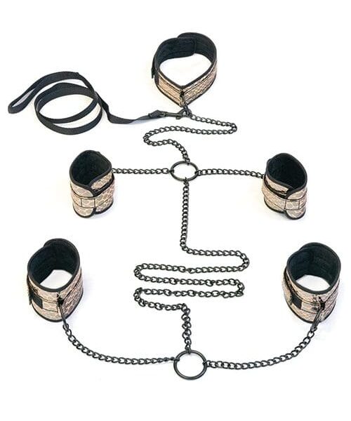 Spartacus Faux Leather Collar to Wrist & Ankle Restraints Bondage Kit w/Leash - Gold