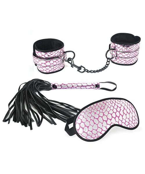 Spartacus Faux Leather Wrist Restraints Blindfold & Flogger Bondage Kit - Pink