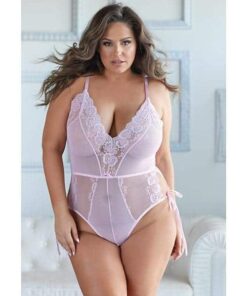 Allure Belle Lace & Mesh Tie Up Romper Pink 1X/2X