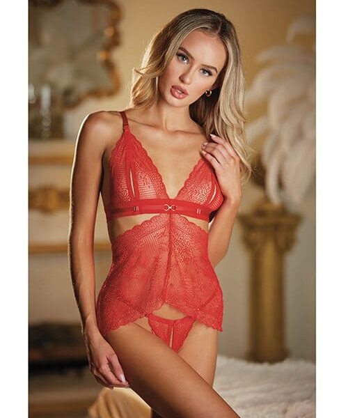 Allure Lace Peek a Boo Chemise & Ouverte G-String Red O/S