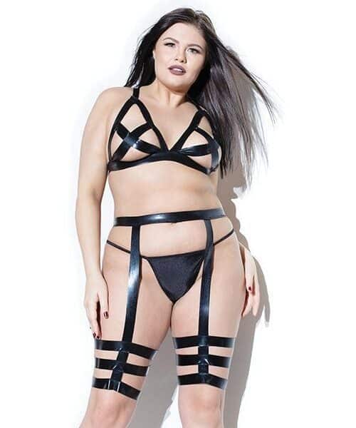 Coquette Darque Wet Look Bra Top & Leg Harness Black OS/XL