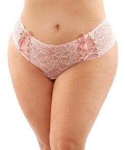 Bottoms Up Magnolia Stretch Lace Crotchless Panty w/Ribbon Lace Up Front Light Pink QN