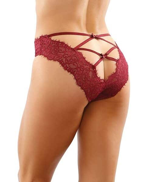 Bottoms Up Ivy Eyelash Lace Panty w/Criss Cross Back & Bow Trims Garnet L/XL