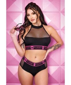 Vibes Pussy Power Micro-Net Halter Top & Booty Short Black M/L