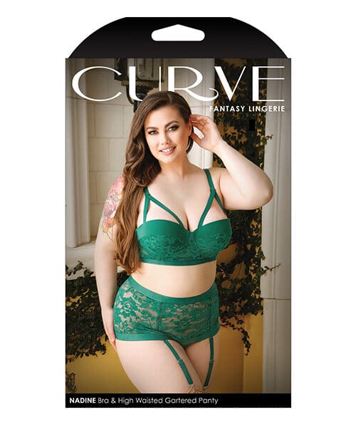 Curve Nadine Longline Contour Cup Bra, High Waist Panty w/Removable Garters Emerald 1X/2X