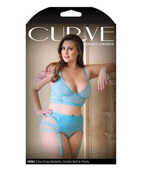 Curve Keira Criss Cross Bralette, Garter Belt & Panty Blue 3X/4X