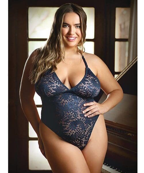 Curve Cara Stretch Lace Teddy w/Snap Crotch Ink Blue 1X/2X