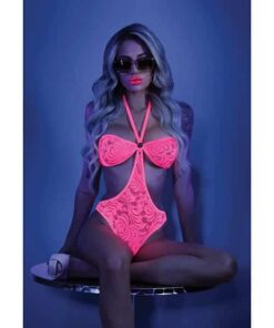 Glow Black Light Halter Bodysuit w/Open Sides Neon Pink M/L