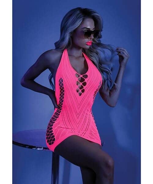 Glow Black Light Net Halter Dress Neon Pink O/S