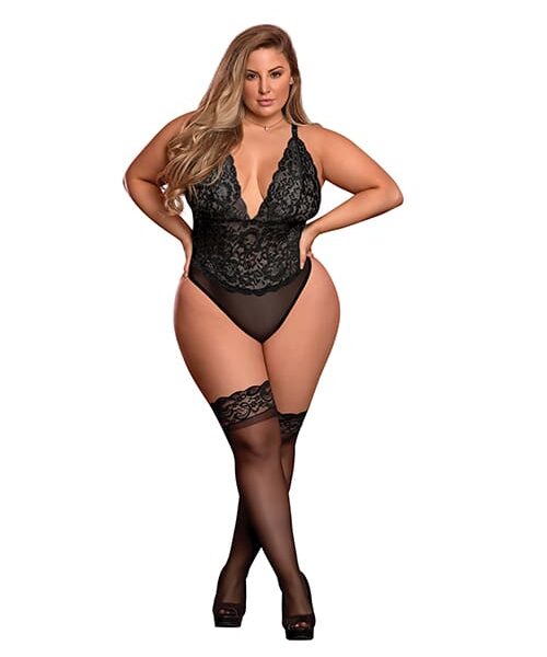 Risqué Business Lace & Mesh Teddy w/Snap Crotch Black QN