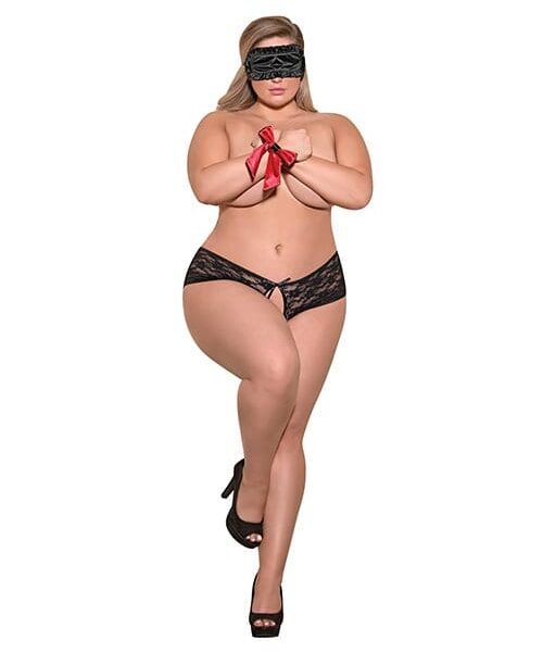 Love & Bondage Split Back Lace Booty Short Blindfold & Wrist Ties Black QN