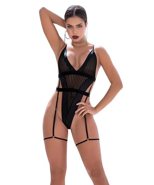 Shadow Panel Bodysuit w/Hook & Eye Crotch Closure & Attached Garters Black M/L